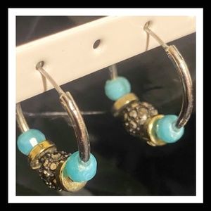 Silver tone turquoise blue hoop earrings